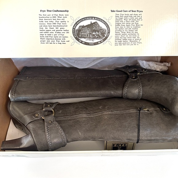 FRYE VICKI TALL GRAY DISTRESSED HARNESS BRAIDED LEATHER HIGH HEEL BOOTS NWT! Sz6 - Picture 13 of 13